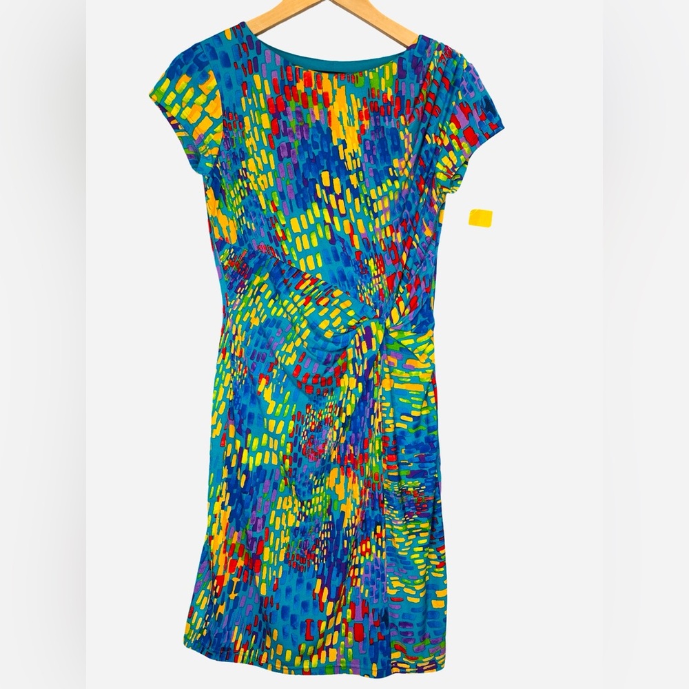 Ellen Tracy Sheath Dress Multicolor Abstract Short Sleeve Above Knee Size 2